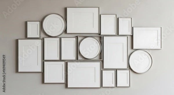Fototapeta Create a stunning gallery wall display with this collection of modern, minimalist photo frames arranged elegantly on a neutral background for a professional look.