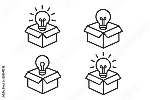 Fototapeta Thinking outside the box icon set. Unboxing new idea metaphor. Creative solution and innovation symbol. Light bulb in a box for startup, discovery, brainstorming and insight.