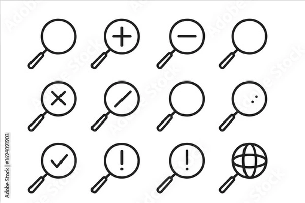 Fototapeta Magnifying glass line icon set. Minimalistic linear pictograms for web and graphic design. Search, zoom in, out, find, success, error, and web discovery symbols. UI UX.