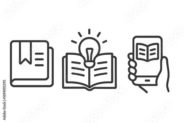 Fototapeta Reading and learning line icon set. Education, knowledge, and literature symbols. Vector icons of a book with bookmark, e-book on phone, and open book with a lightbulb.