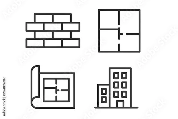 Fototapeta Architecture and construction line icon set. Building engineering and real estate symbols. Vector outline icons of blueprint, floor plan, brick wall, and city property.