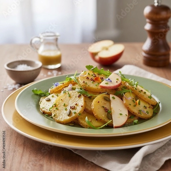 Obraz Warmer Kartoffelsalat mit Rucola, Apfelspalten und Kernen in klarer Vinaigrette