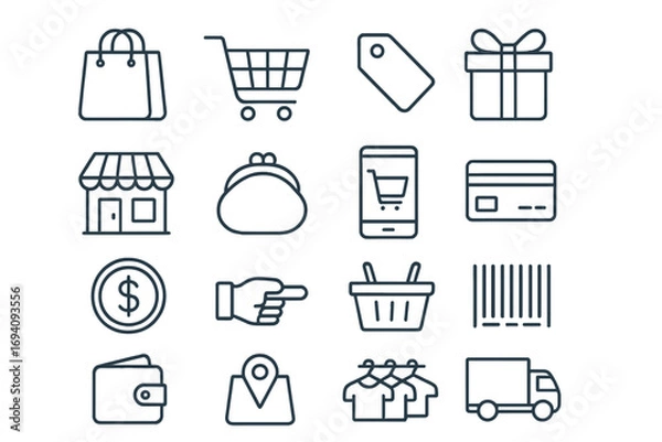 Fototapeta Shopping and e-commerce line icon set. Vector symbols for retail, online store, business. Includes cart, bag, payment, delivery icons. Editable stroke for web, UI, UX, and apps.