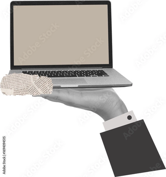 Fototapeta The hand holds a laptop with a white screen. Art collage.