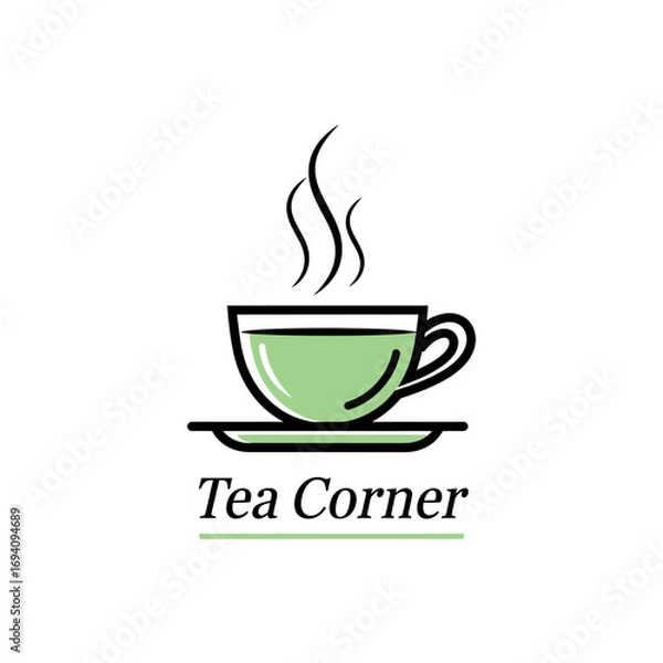 Fototapeta Simple line art logo of a teacup and saucer, with steam rising, and the text "Tea Corner".
