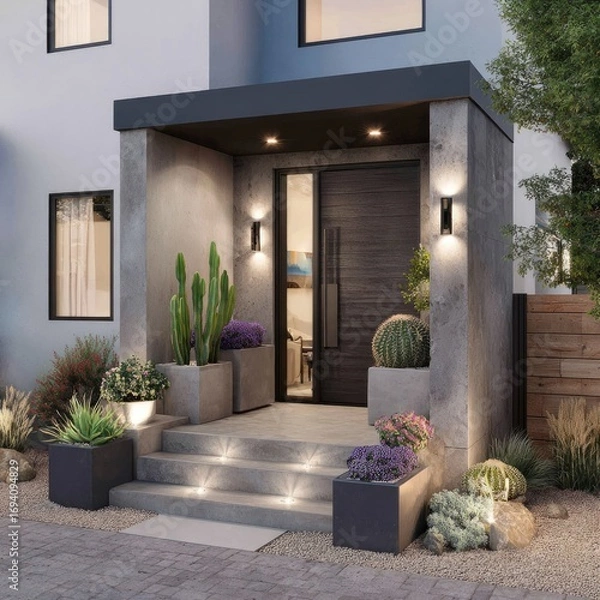 Obraz Modern concrete home entryway with desert landscaping and ambient lighting.  Stylish and inviting, the entryway features gray stone steps, modern planters, and exterior lighting.