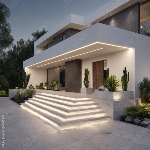 Obraz Modern, light-filled house exterior with illuminated steps and lush landscaping.