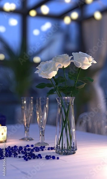 Obraz A delicate arrangement of white roses in a clear vase, sits on a white tablecloth with blue beads, bathed in soft, ambient light.