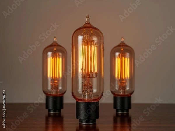 Obraz Trio of RetroStyle Filament Bulbs with Amber Tinted Glass, Glowing Warmly.