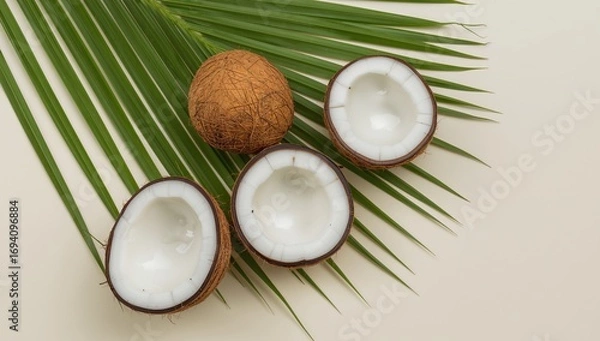 Obraz Tropical Arrangement. Brown, Green, and White Textures on a Beige Backdrop.
