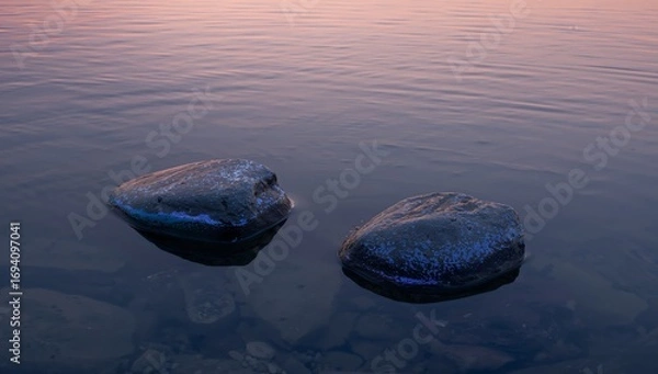 Obraz Twin Stones at Twilight, Reflecting Still Waters and Subtle Color Play.