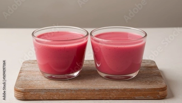 Obraz Two Glass Vessels with Pink Substance on Rustic Wooden Base, Calm Colors.