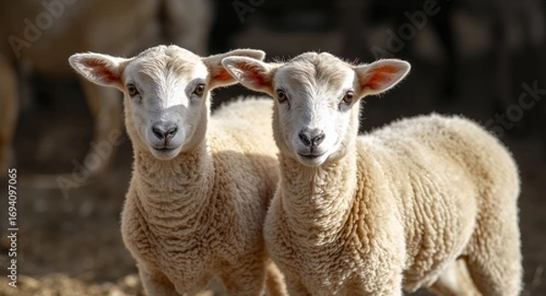 Obraz Two Lambs, SidebySide, Featuring Soft Wool Texture and Warm, Natural Lighting.