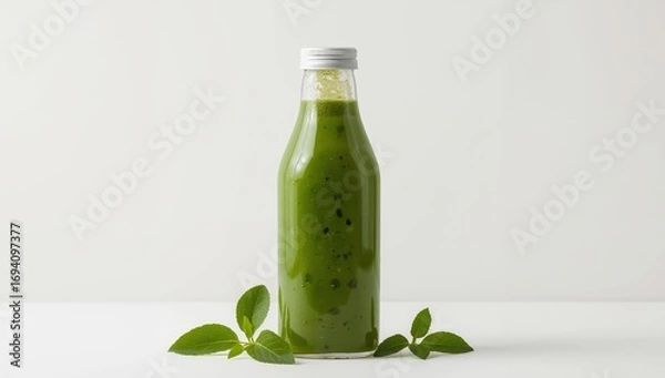 Obraz Verdant Refreshment, A Bottle of Green Liquid with Silver Cap and Green Leaves.