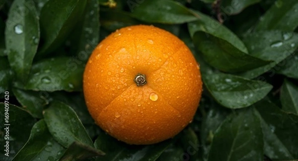 Obraz Vibrant Citrus Orb Surrounded by Lush Greenery, Showcasing Detailed Textures.