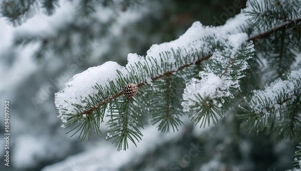 Obraz Winters embrace. Snowcovered pine branch with a small cone adds a touch of rustic charm.