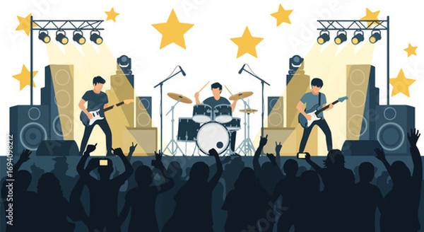 Fototapeta Flat style illustration of a night rock concert with guitarists and drummer on stage, bright spotlights, star decorations, and an excited crowd cheering and recording the live music show