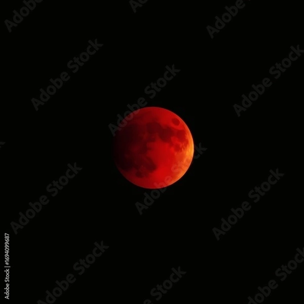 Fototapeta A deep red moon with a shadowed area on one side floats against a dark, empty background