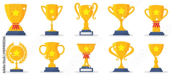 Fototapeta Trophy award collection. Golden cups and awards in different styles. Symbol of achievement, success, victory, and competition excellence