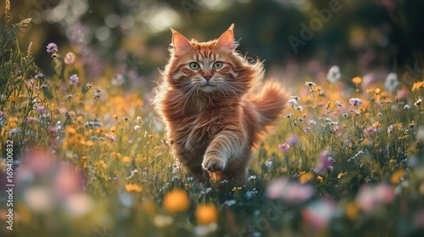 Obraz Ginger Cat Running Through Colorful Meadow