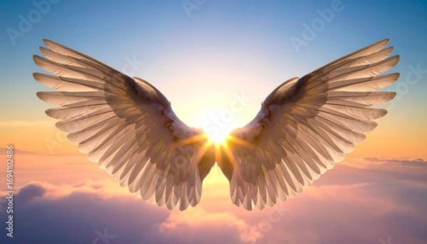 Obraz Angel wings over sunset clouds