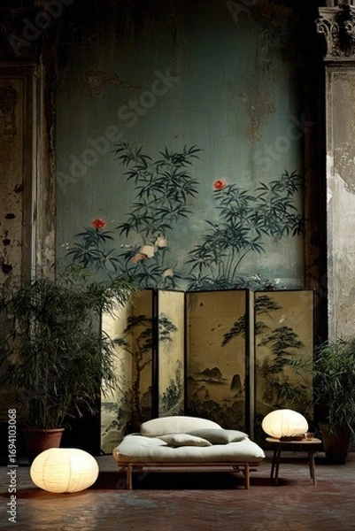 Obraz A serene, vintage-inspired room with a muted color palette, featuring a traditional Japanese-style room divider and a low futon.