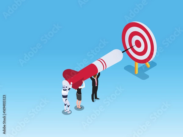 Fototapeta Targeted business success with teamwork between humans and artificial intelligence 3d isometric vector illustration