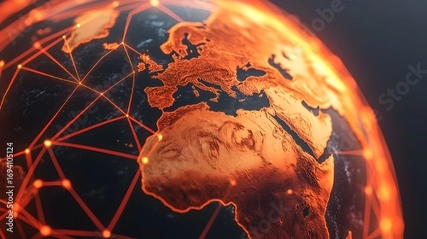 Obraz The image shows a detailed depiction of a globe, with a network of illuminated orange lines connecting various points, highlighting Europe and Africa on a dark background.