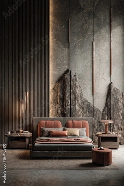 Obraz A modern bedroom design features a luxurious bed with a rich terracotta headboard, complemented by a stone-inspired wall mural and warm lighting accents.