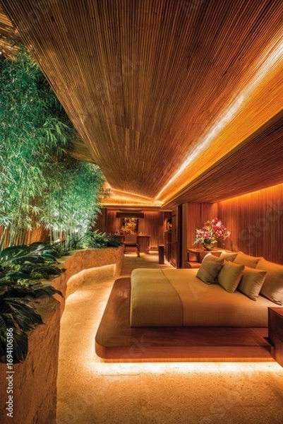 Obraz A tranquil bedroom suite, bathed in warm golden light, showcases a modern design with natural materials and lush greenery.