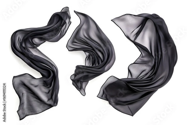 Fototapeta Black silk fabric flowing in the air, isolated on a white background, viewed from three different angles.