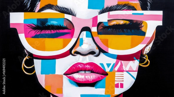 Fototapeta Dynamic and colorful pop art portrait capturing woman's face, highlighted by geometric multi-color block patterns, vibrant pink lips, and chic white-rimmed sunglasses on stark black canvas
