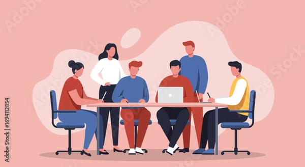Fototapeta Diverse team collaborating in a business meeting, discussing ideas. Captures teamwork, communication, and modern workplace environment.
