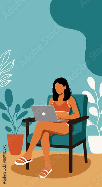 Fototapeta Freelance woman works on laptop from home in a relaxed, comfortable setting, symbolizing modern remote work flexibility.
