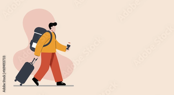 Fototapeta Illustration of a person with a backpack and rolling suitcase, holding a drink, walking, representing travel and modern lifestyle.