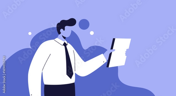 Fototapeta Professional businessman in a suit reviewing important documents or reports. Ideal for concepts of work, agreements, corporate tasks, and business analysis.