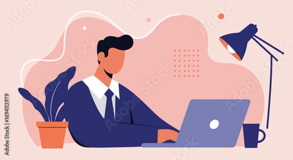 Fototapeta Professional businessman working on a laptop at his desk, highlighting remote work, productivity, and online education. Ideal for business, technology, and lifestyle concepts.