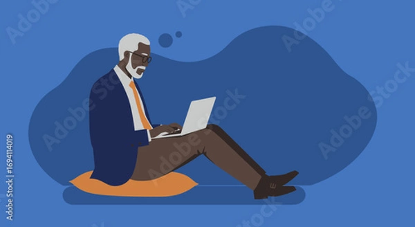 Fototapeta Senior African American man focused on his laptop, representing remote work, online learning, and modern digital lifestyle. Ideal for business and technology themes.