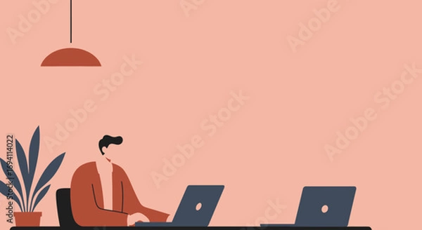 Fototapeta Man working on laptop at modern home office desk with plant and lamp. Represents remote work, online business, and digital lifestyle. Productivity and technology.