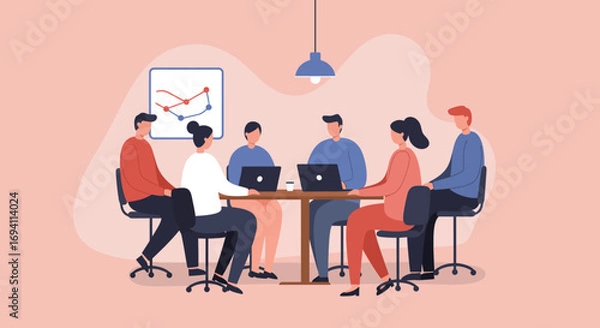 Fototapeta Diverse business team collaborates in a modern office meeting, discussing data and strategy. Ideal for corporate, teamwork, or professional development concepts.