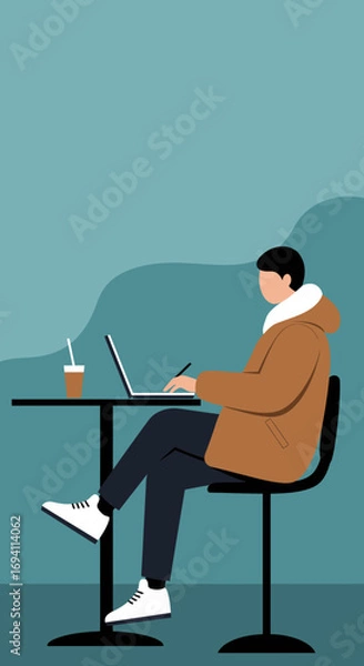 Fototapeta Man in a casual jacket works on a laptop at a cafe table with a coffee cup. Represents remote work, productivity, and modern freelance lifestyle.