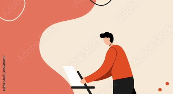 Fototapeta An illustrated person works diligently on a laptop or document, representing productivity, remote work, or creative tasks in a modern, abstract setting. Ideal for business and lifestyle concepts.