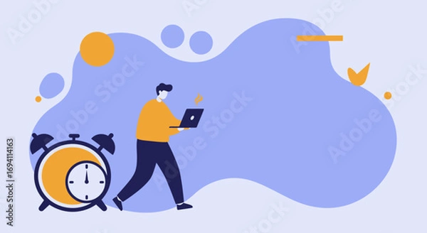 Fototapeta Motivated person with laptop works diligently next to an alarm clock, illustrating urgent tasks, time management, and efficient digital productivity.