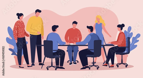 Fototapeta Diverse business team collaborating in a modern office meeting. Discussing strategy, ideas, and projects. Ideal for illustrating teamwork, communication, and corporate development.