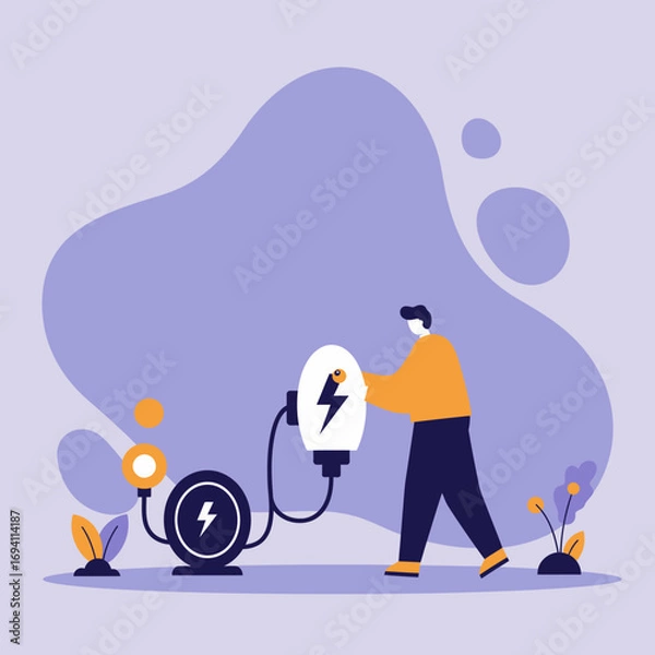 Fototapeta Man charges an electric device, symbolizing sustainable energy and eco-friendly technology. Ideal for concepts of green power, future innovation, and modern living.