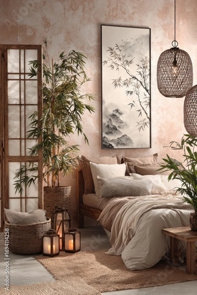 Obraz A serene bedroom, adorned with natural elements and warm tones, features a stylish, framed artwork and wicker accents.