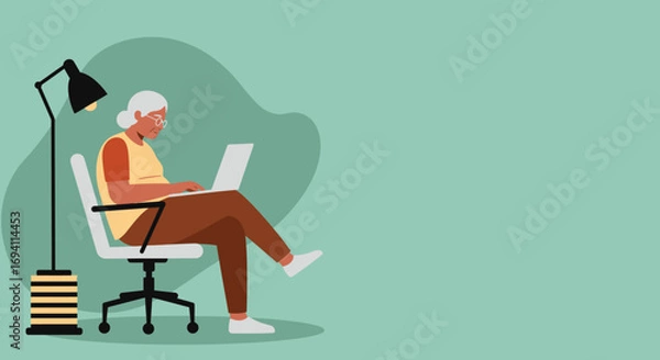 Fototapeta Elderly woman confidently using a laptop, symbolizing digital inclusion, remote work, or online learning for modern seniors. Represents an active, productive lifestyle.