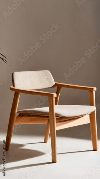 Fototapeta Light wooden armchair with upholstered seat in soft ambient setting
