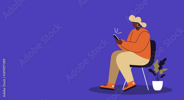 Fototapeta A person sits on a chair looking at their smartphone, with a plant beside them, against a solid purple background, illustrating modern communication.