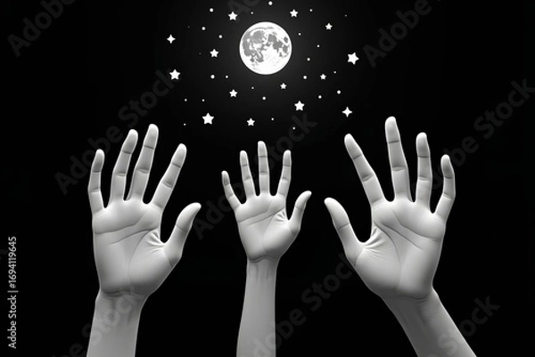 Fototapeta Surreal black and white illustration of three hands reaching toward the glowing moon surrounded by stars in a dark sky, symbolizing dreams, hope, spirituality, imagination, and cosmic connection